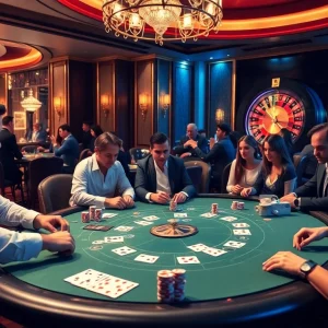 Engage with the thrill of 8kbet at a luxurious casino table featuring poker cards and chips.