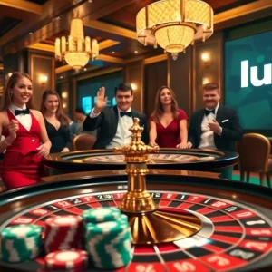 Luck8 players enjoying a thrilling game at the upscale casino table with roulette and poker cards.