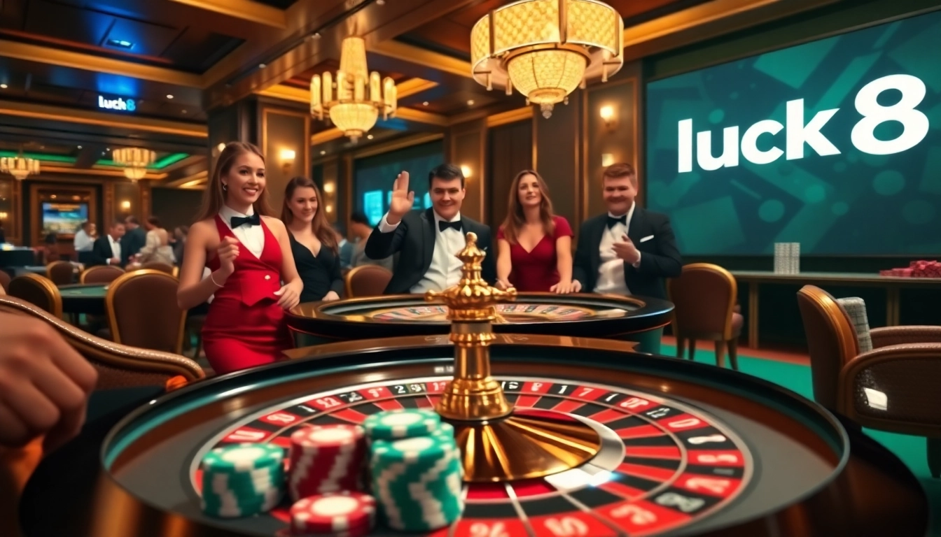 Luck8 players enjoying a thrilling game at the upscale casino table with roulette and poker cards.