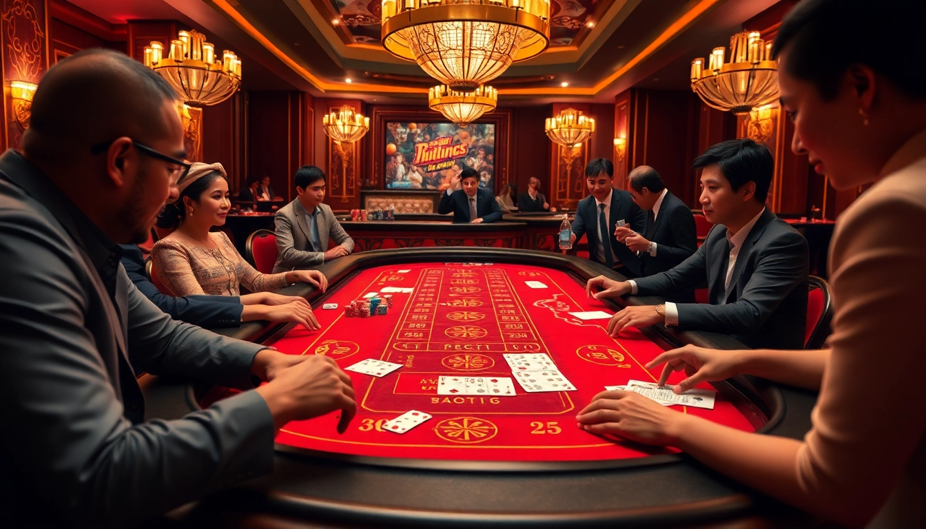 Tài xỉu md5 game in a luxurious casino setting with eager players and vibrant lighting.