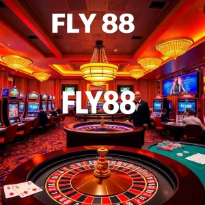 Engage with thrilling casino games at FLY88, showcasing vibrant slot machines and a lively roulette table.