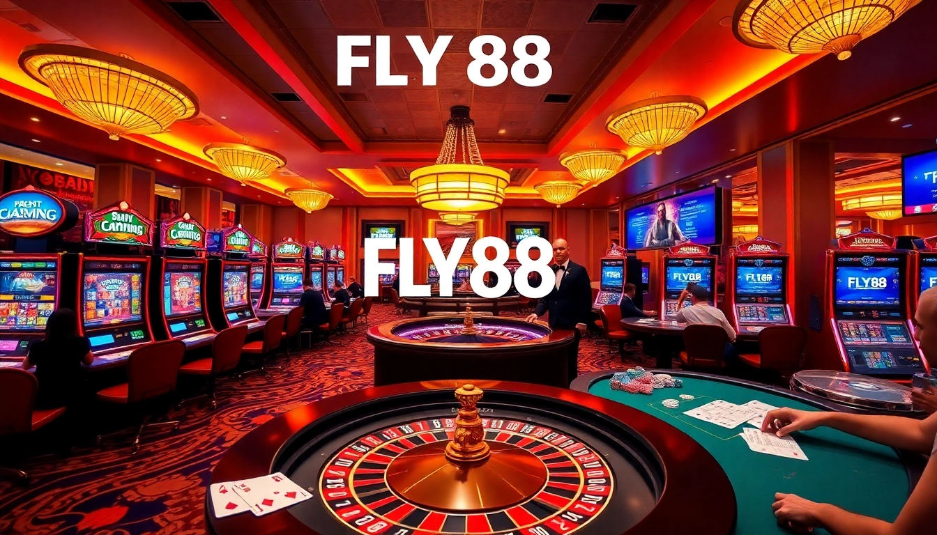 Engage with thrilling casino games at FLY88, showcasing vibrant slot machines and a lively roulette table.
