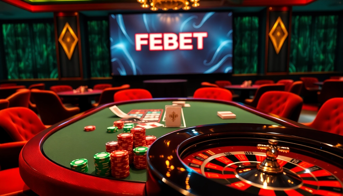 Experience FEBET casino action with vibrant poker chips and a dealer at work.