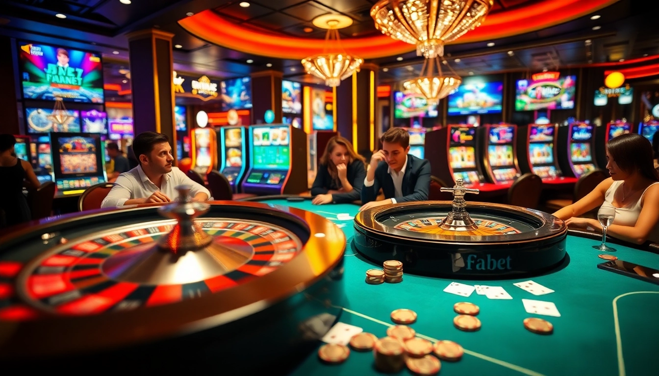 Experience the thrill of Fabet0.com with an exciting casino scene featuring vibrant games and players.