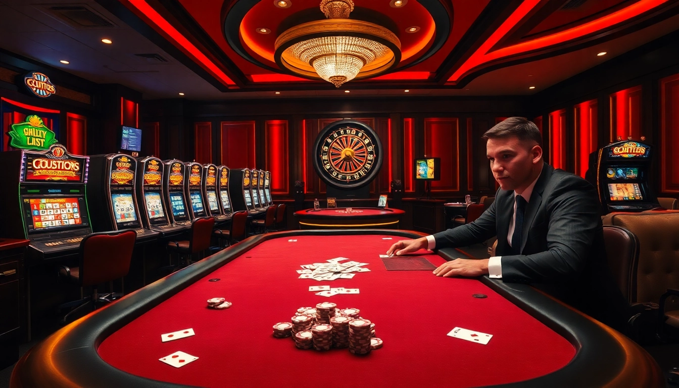 Experience the thrill of slvip with an elegant poker table and vibrant slot machines in a luxurious casino.