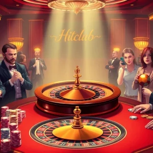 Experience the thrill of gambling at Hitclub with an elegant casino scene showcasing poker chips and roulette.
