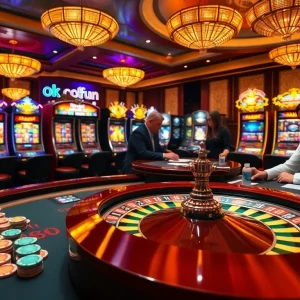 Players enjoying casino games at okfun with luxurious poker setups and vibrant slot machines.