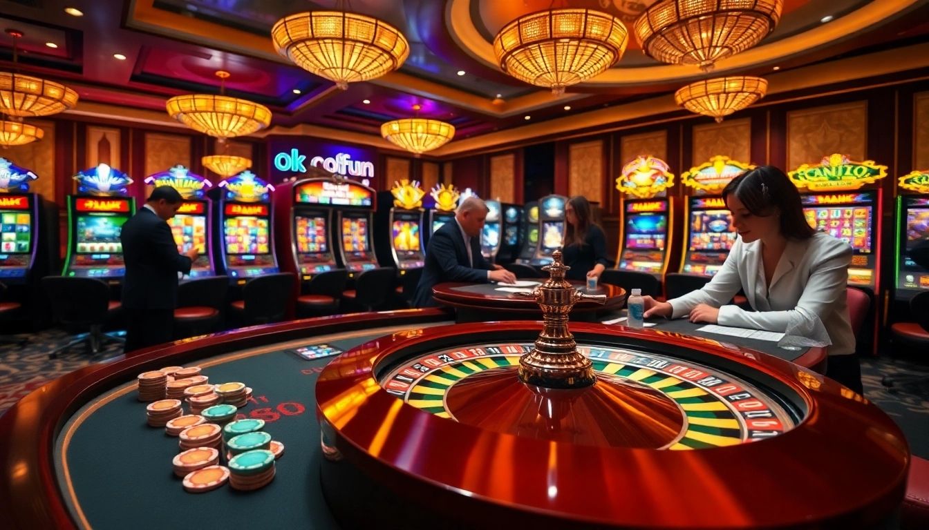 Players enjoying casino games at okfun with luxurious poker setups and vibrant slot machines.