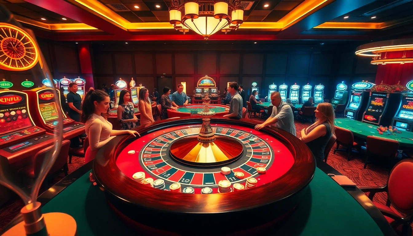 Players enjoying e2 bet at a luxurious casino roulette table surrounded by vibrant atmosphere.