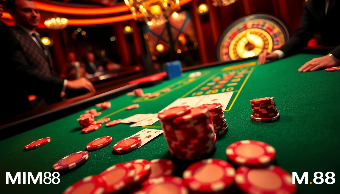 Engaging casino scene at MM88 featuring a poker table, roulette wheel, and vibrant atmosphere.