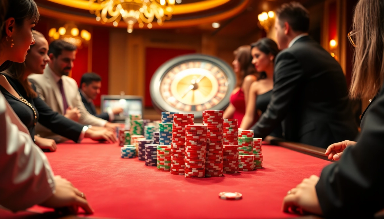 Players engaging at thabet's luxurious casino poker table full of colorful chips and excitement.