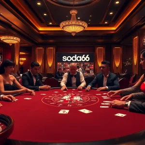 Players engaged in a thrilling poker game at a luxurious casino, inspired by sodo66 gambling excitement.