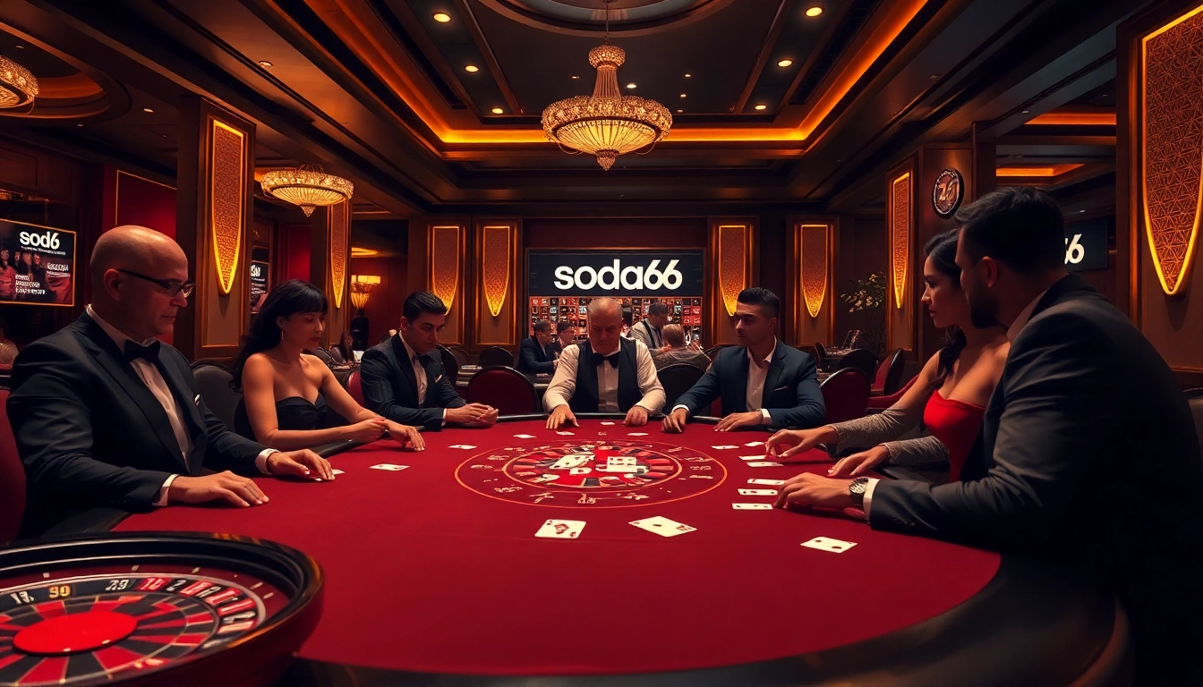 Players engaged in a thrilling poker game at a luxurious casino, inspired by sodo66 gambling excitement.