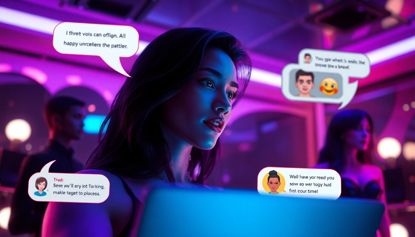 Interactive NSFW character AI chat interface featuring customizable avatars and flirty dialogue.