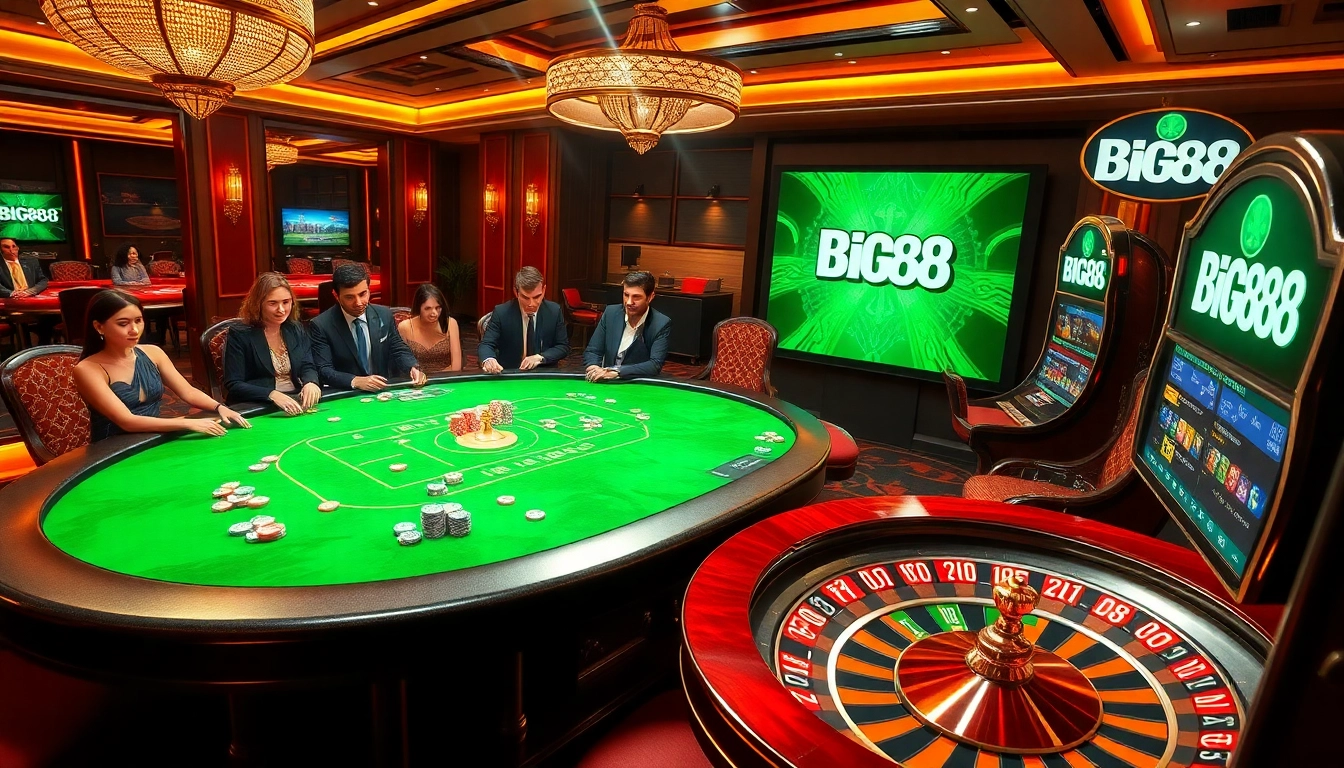 Players experiencing thrilling gambling action at Big88 casino tables, showcasing poker chips and roulette wheels.