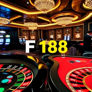 F168 logo featured in a luxurious casino scene with a roulette wheel and engaged players