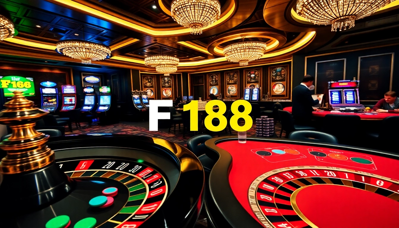 F168 logo featured in a luxurious casino scene with a roulette wheel and engaged players