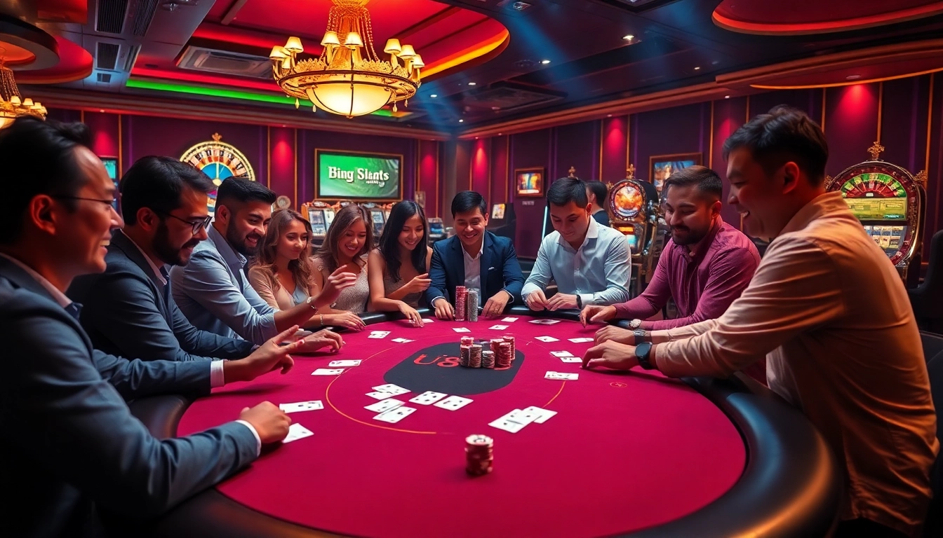 Experience the thrill of gaming at UU88 with an alluring casino ambiance featuring poker tables and roulette wheels.
