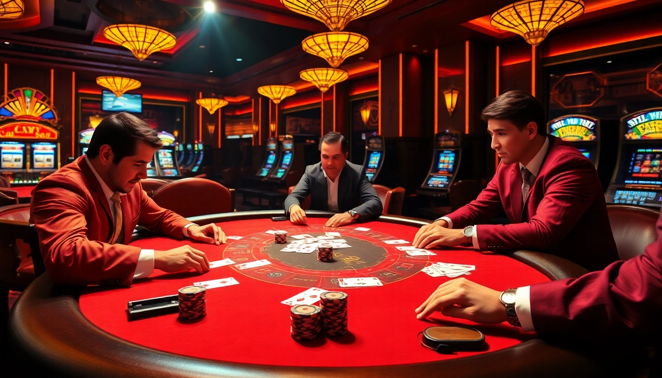 Engaged players at a luxurious poker table, showcasing the excitement of luckywin casino gaming.