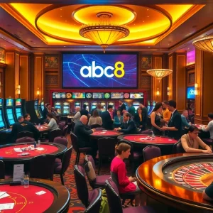 Excited players enjoying games at abc8's luxurious casino with vibrant decor and winning moments.