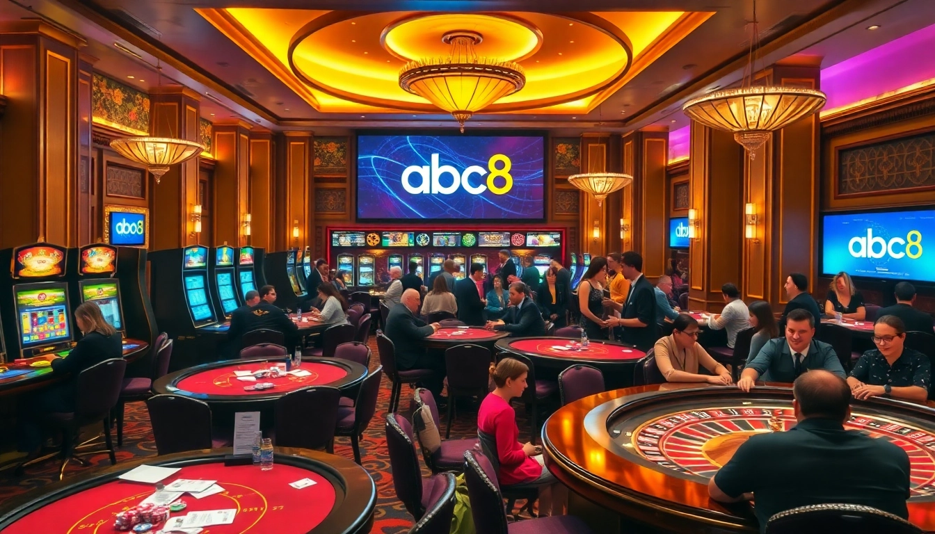Excited players enjoying games at abc8's luxurious casino with vibrant decor and winning moments.