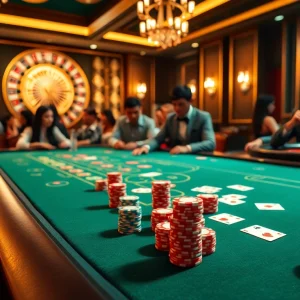 Players enjoy a thrilling game at 58win’s luxurious casino table, showcasing excitement and elegance.