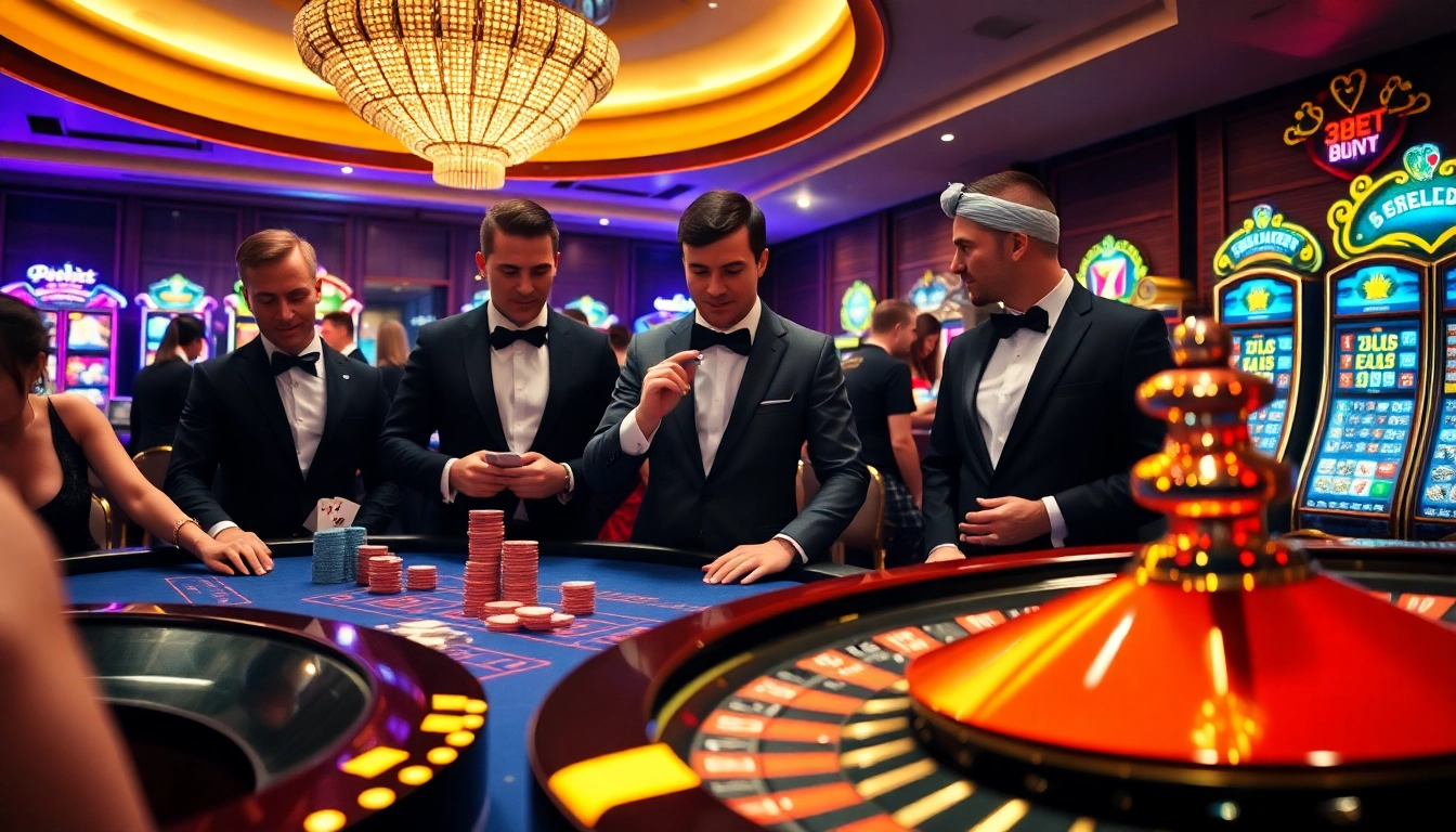 E2bet players enjoying high-stakes poker at an upscale casino table surrounded by vibrant slots.
