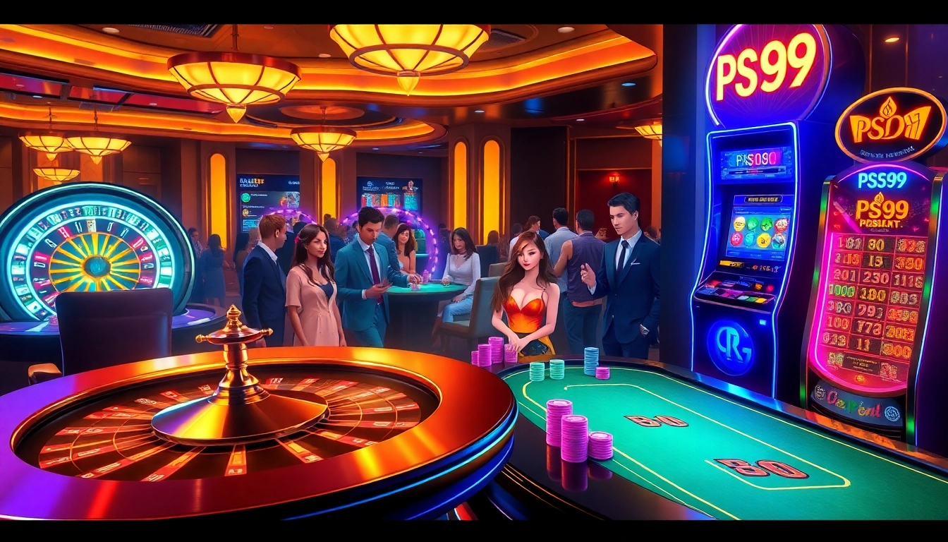 Action-packed casino scene featuring PS99 poker game excitement with vibrant colors and elegant decor.