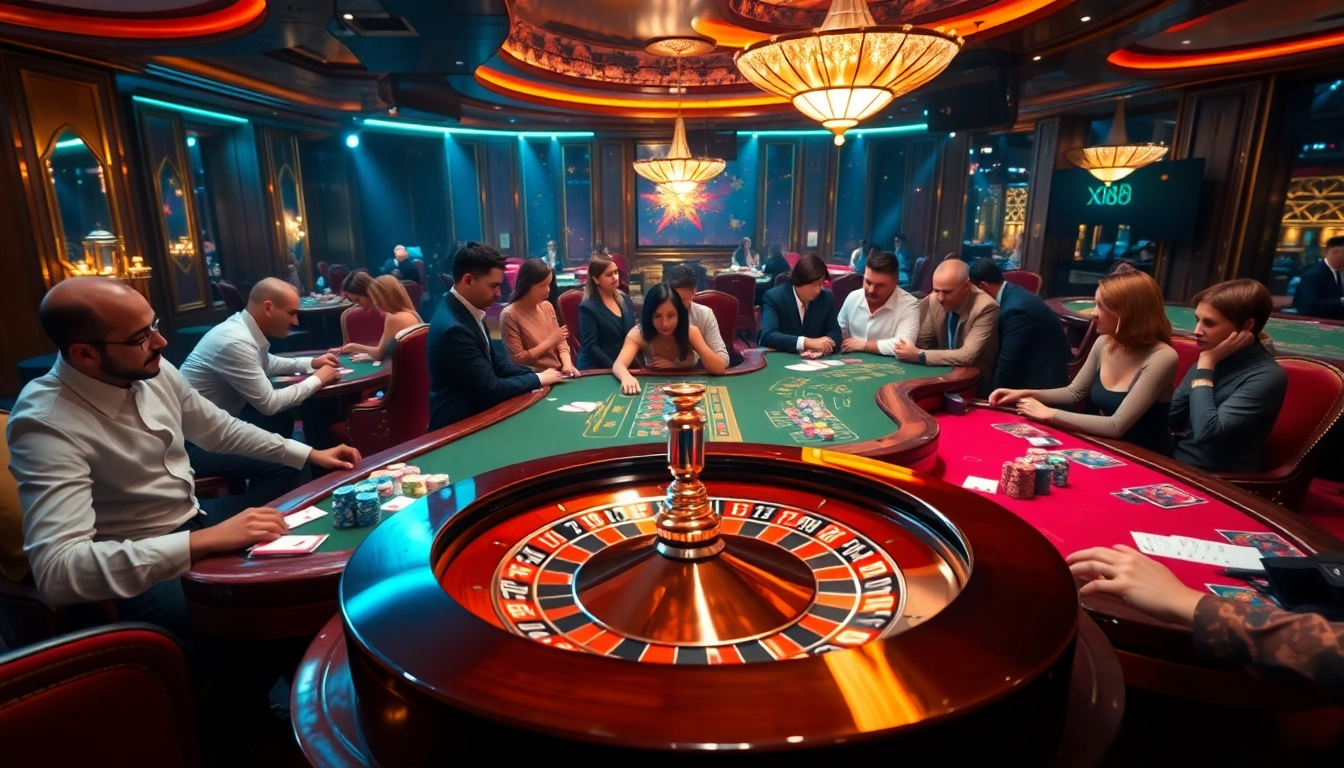 Exciting gaming action at xin88 casino with roulette and poker tables.