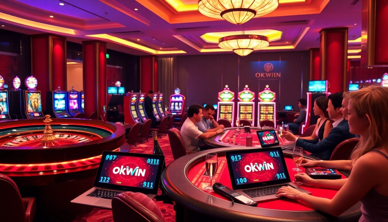 Excited gamblers enjoying luxury gameplay featuring okwin at vibrant casino tables and slot machines.