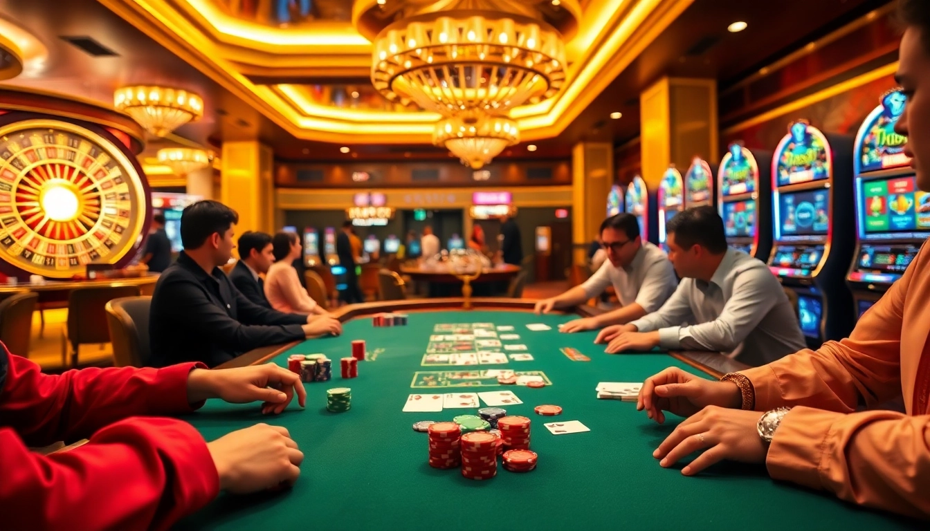 Players strategizing at the LV88 poker table in a vibrant casino setting.
