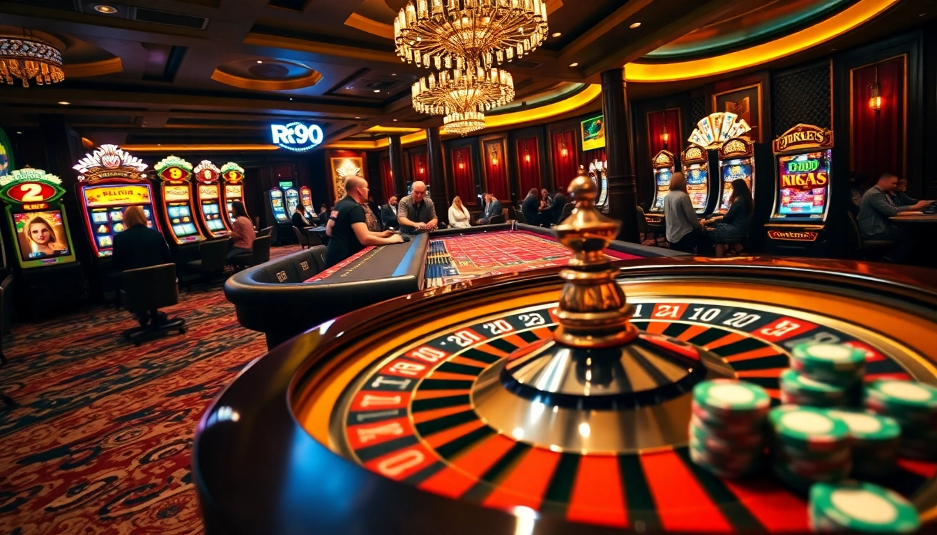 Experience the excitement of Trang chủ RR99 with vibrant casino visuals featuring roulette, poker, and slot machines.