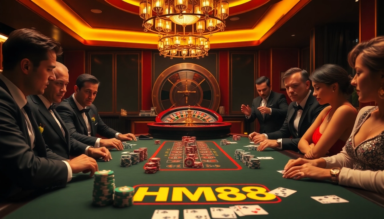 Players engaging intensely at a luxurious poker table with HM88 theme, showcasing high stakes and excitement.