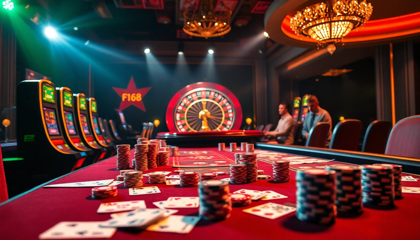 Experience the excitement of F168 at a luxurious casino table with slot machines and poker chips.
