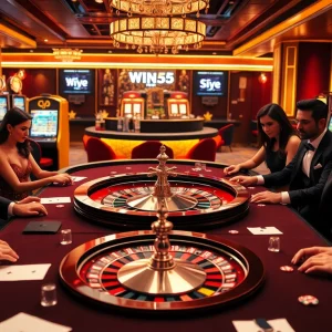 Exciting high-stakes poker scene showcasing Win55 with vibrant casino elements.