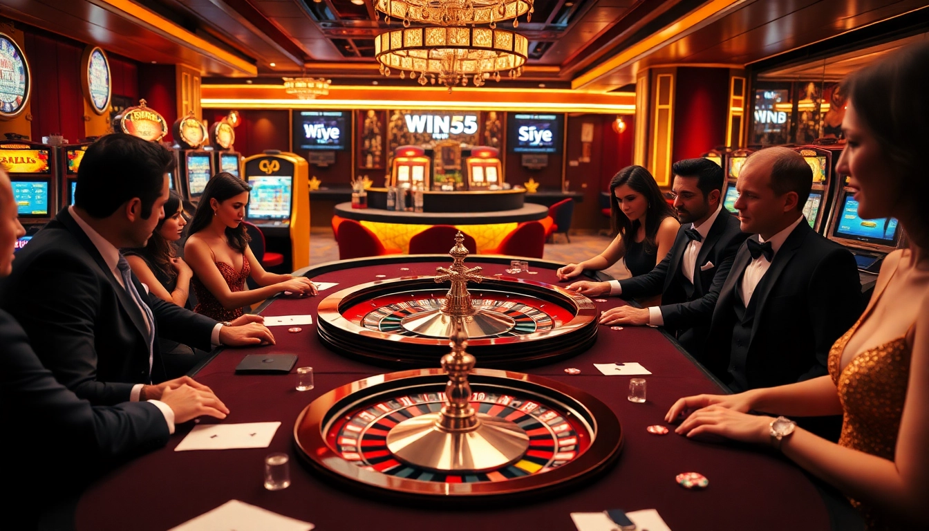 Exciting high-stakes poker scene showcasing Win55 with vibrant casino elements.