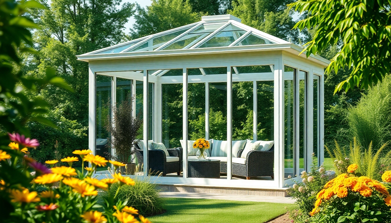 Explore an enclosed sunroom amidst a vibrant garden, showcasing its inviting atmosphere and design.