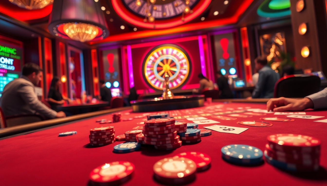 Experience the vibrant energy of DN88 casino gaming with players at the table, colorful chips, and a spinning roulette wheel.