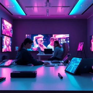 AI NSFW art studio showcasing futuristic digital imagery with creators collaborating.