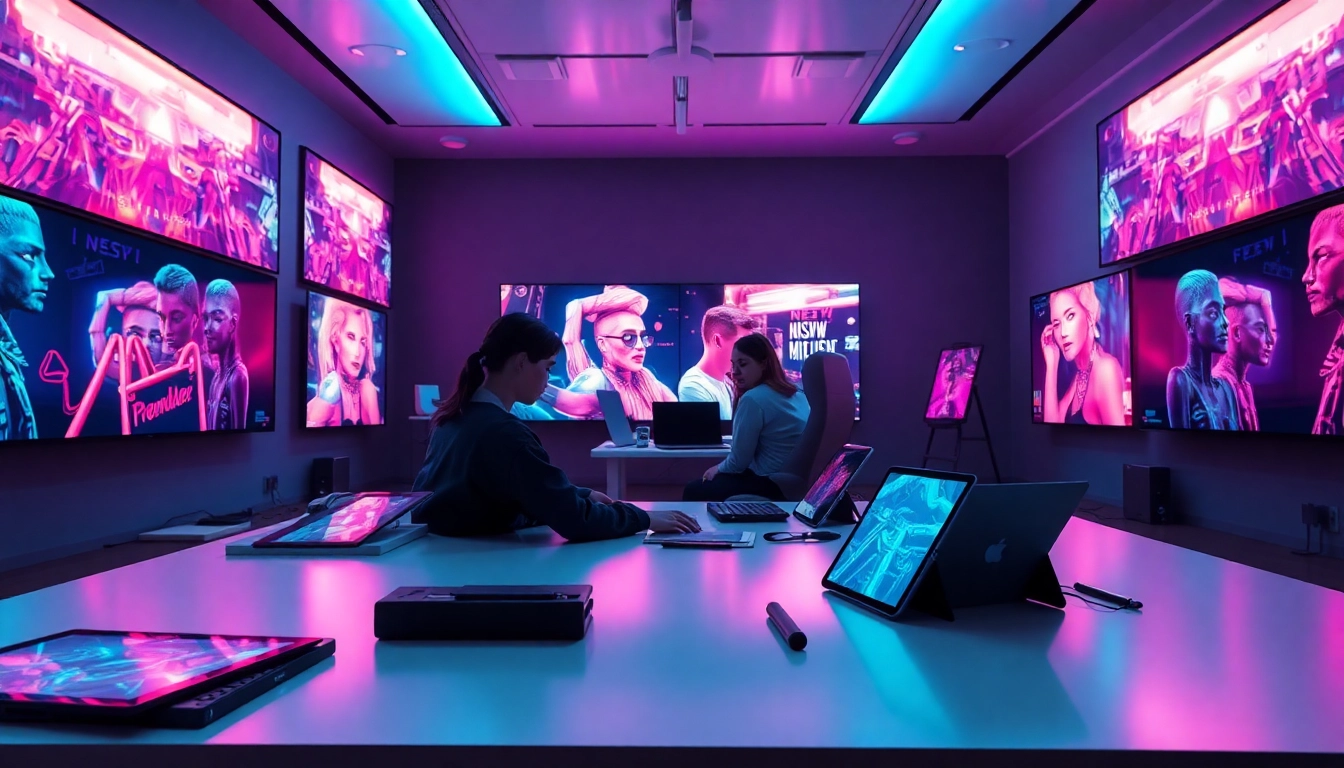 AI NSFW art studio showcasing futuristic digital imagery with creators collaborating.