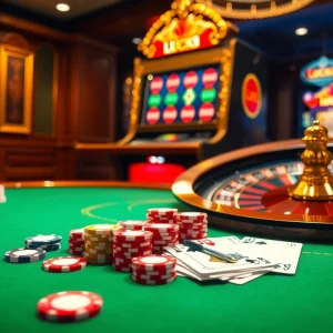 LUCK8 và LUCKY8 thể hiện sự hứng khởi của casino với bàn chơi sống động và chip bài đầy màu sắc.