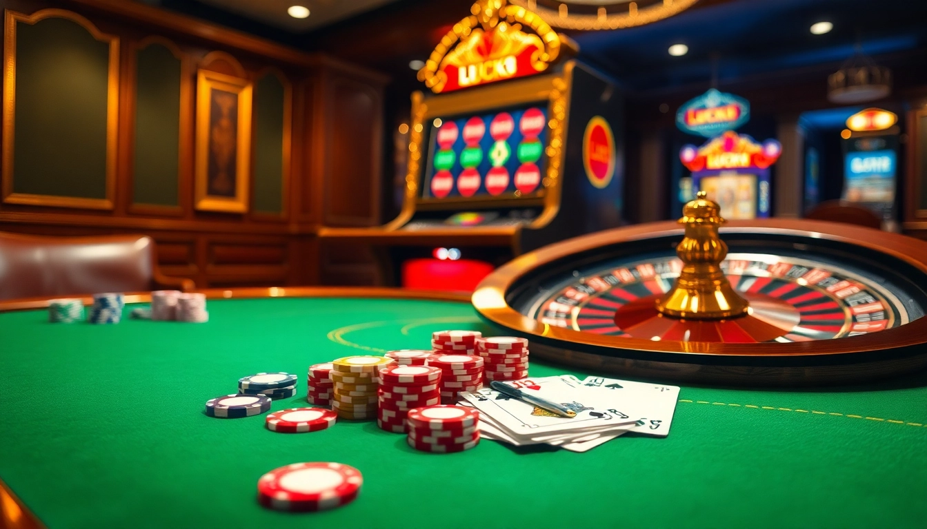 LUCK8 và LUCKY8 thể hiện sự hứng khởi của casino với bàn chơi sống động và chip bài đầy màu sắc.