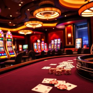 Engaging scene of a luxury casino atmosphere with poker and slot games at MM88.COM.