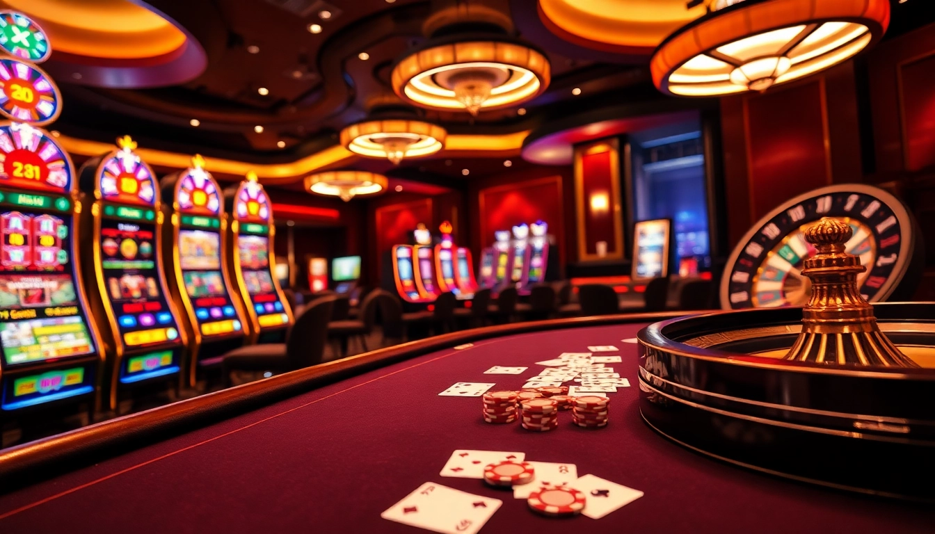Engaging scene of a luxury casino atmosphere with poker and slot games at MM88.COM.