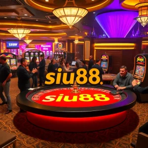 Siu88 gamblers enjoying a thrilling casino experience at a branded table with vibrant roulette and poker elements.
