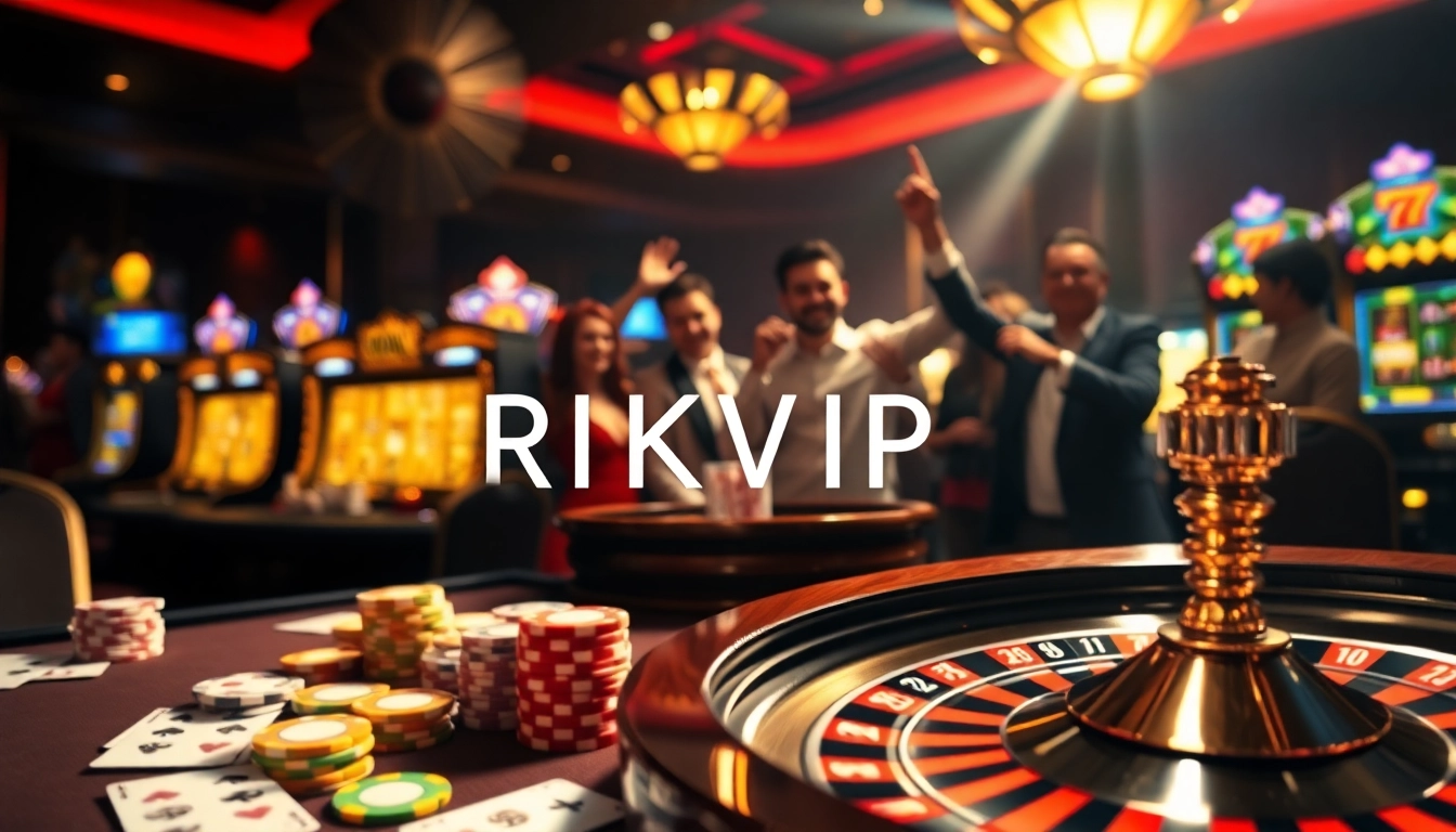 RIKVIP gamblers celebrating a winning hand at a luxurious casino table filled with colorful chips.