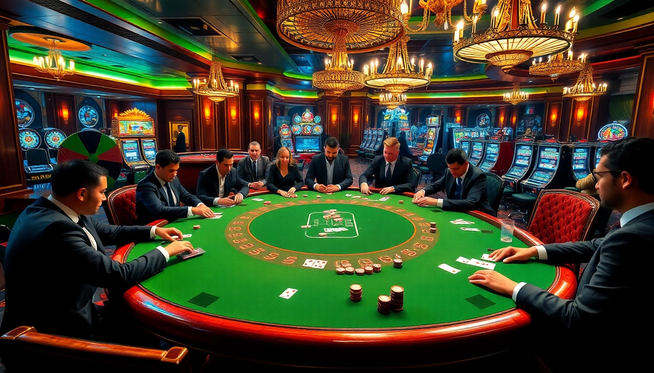 Exciting poker scene with players engaging at a luxurious table, linked to https://rr88.navy/ for immersive gambling experience.