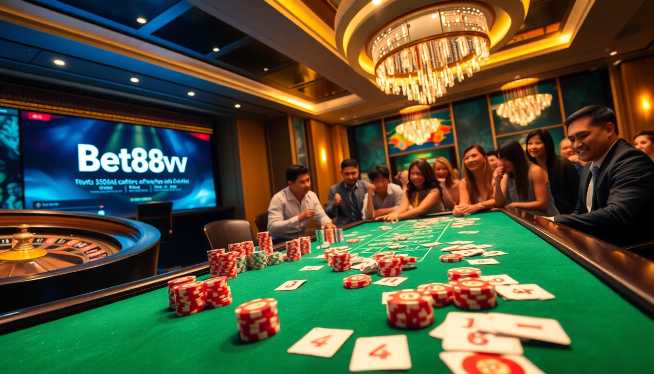 Bet88vn gambling scene with players at a vibrant casino table featuring poker and roulette.