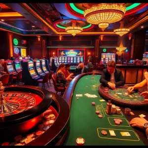 Experience thrilling gameplay at https://tr88.baby/ featuring a vivid casino scene with roulette, poker, and slot machines.