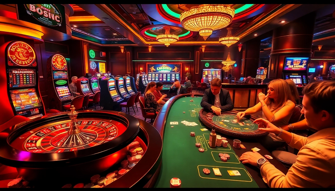 Experience thrilling gameplay at https://tr88.baby/ featuring a vivid casino scene with roulette, poker, and slot machines.